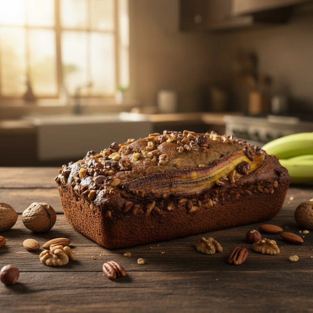 Lactose-free banana bread with nuts on wooden table